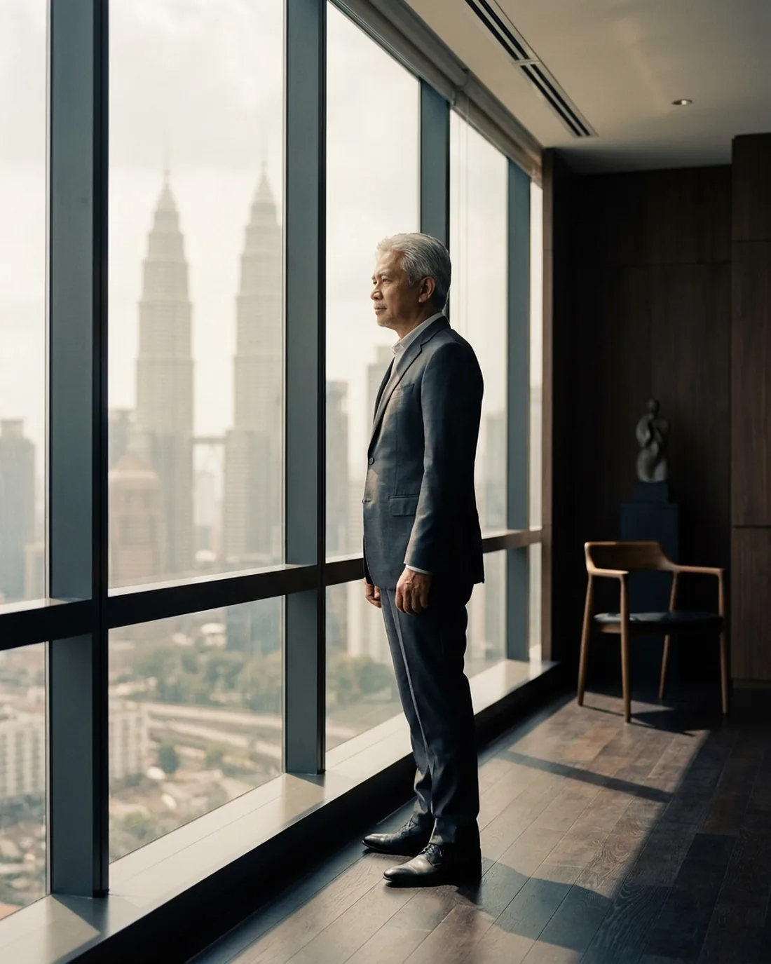 A senior executive standing composed by a window in a quiet office above the city